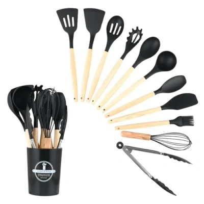 Immagine di Wenrescry Set di Utensili da Cucina in Silicone Resistente al Calore, Antiaderente, Lavabile Lavastoviglie, Ergonomico, con Porta per Alimenti 12 Pezzi Pratica