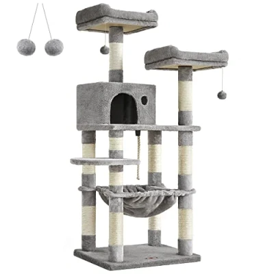 Immagine di Feandrea Albero per Gatti Alto 143 cm, Tiragraffi Gatti, con 11 Pali Graffiatoi, 2 Posatoi, 1 Grotta, Amaca, Pompon, in Peluche a Più Livelli, Grigio Chiaro PCT15W