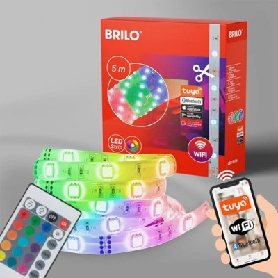 Immagine di Briloner Leuchten Striscia a LED, luce LED 5m, autoadesiva, accorciabile, dimmerabile, incl. telecomando, WIFI, controllo da app, Amazon ECHO, funzione cambio colore, bianco, 5.000x10x3mm (LxPxH)