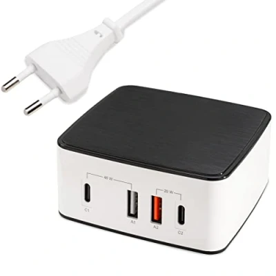 Immagine di FeinTech NLG00165 Caricatore USB C multiplo A 4 porte, 65 W (45 + 20 W), alimentatore con 2 X PD e QC 3.0, ricarica per laptop, MacBook, tablet, iPad, telefono cellulare