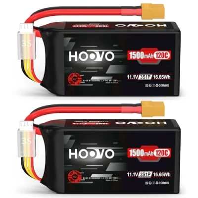Immagine di HOOVO Batteria Lipo 3S 11,1V 120C 1500mAh Grafene con spina XT60 per FPV Racing Drone Quadcopter Elicottero Aereo RC Barca Auto Modelli (2 confezioni)
