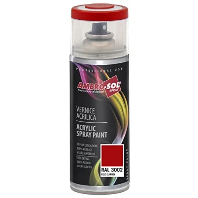 Immagine di Ambro Sol V4003002 Smalto Acrilico Multiuso, Vernice Brillante per Interni ed Esterni, Adatto Qualsiasi Tipo di Materiale, Bomboletta Spray in Banda Stagnata Riciclabile 400 ml, Rosso Carminio