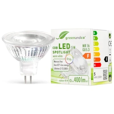 Immagine di greenandco Faretto a LED IRC 90+ MR16 GU5.3, 5W 400lm 3000K (bianco caldo) COB 38 12V AC/DC, non dimmerabile