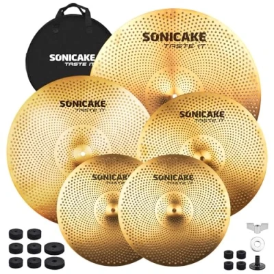 Immagine di SONICAKE Set Piatti Basso Volume 14&quot; HiHat+16&quot; Crash+18&quot; Crash+20&quot; Ride Dorato 5 pezzi con borsa da bacino e accessori