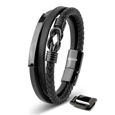 Immagine di SERASAR Bracciale da uomo in pelle di alta qualità, con chiusura magnetica acciaio inox, nero, argento e oro, scatola per gioielli, ottima idea regalo, 17cm, Pelle, No Gemstone