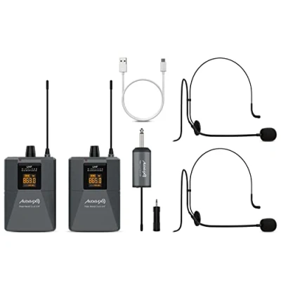 Immagine di Audibax Missouri Dual UHF a Mano Libera Sistema Microfonico con Doppia Cuffia Wireless Microfono Trasmissione Segnale RF Ricevitore Autonomia 8 Ore Ricaricabile USB Tipo C