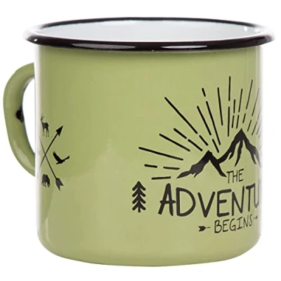 Immagine di Mugsy Tazza smaltata con scritta “The Adventure Begins, 330 ml, attrezzatura da campeggio, design retrò (verde)