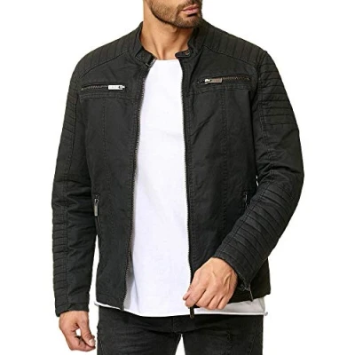 Immagine di Redbridge Giacca da uomo, stile motociclista, in vera pelle e cotone con inserti trapuntati nero cotone. M