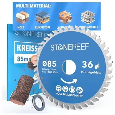 Immagine di STONE REEF Lama per sega 85 x 15 circolare [con adattatore su foro 20 &amp; 16 mm], compatibile con smerigliatrice angolare Bosch, Makita ecc. legno,