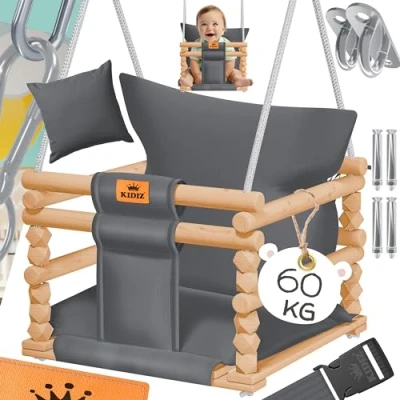 Immagine di KIDIZ® altalena per bambini con imbottitura in legno antiribaltamento fino a 60KG regolabile altezza interni ed esterni 0,5 3 anni
