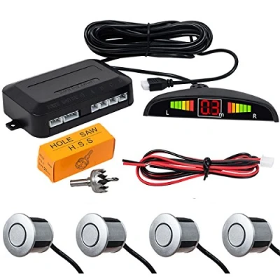 Immagine di MASO Kit sensore di parcheggio posteriore con display a LED argentato, doppia CPU per parcheggio, radar auto, 4 sensori, allarme cicalino promemoria sicurezza