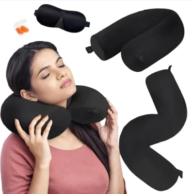 Immagine di Cuscino da Viaggio, Cervicale Memory Foam, Supporto per Collo Regolabile, Cilindrico Lungo Vita e Gambe, Aereo Viaggi, Aereo, Treno, Ufficio, Casa, 68cm X 10cm, Nero