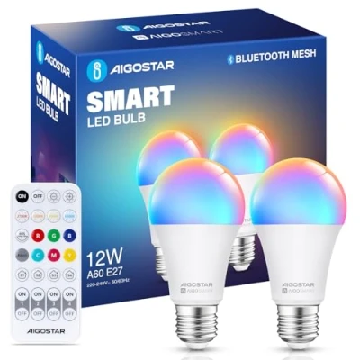 Immagine di Aigostar Mesh Lampadine Alexa Bluetooth A60 12W, Lampadina Smart Works with Alexa, E27 LED 1150LM RGB &amp; 2700K 6500K, 2 Unità (Con Telecomando Bluetooth)