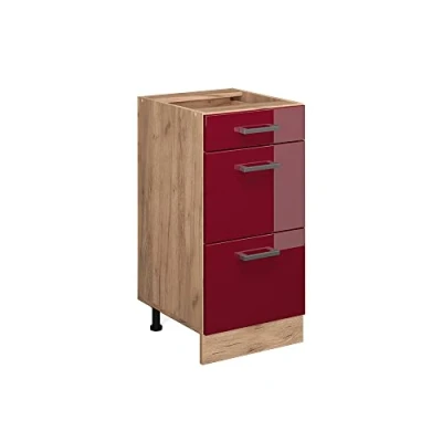Immagine di Vicco mobiletto base per cucina R line, Rosso bordeaux lucido/Quercia dorata, 40 cm con cassetti, senza piano di lavoro