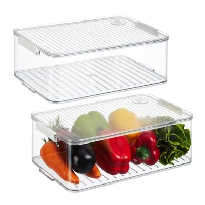 Immagine di Relaxdays Contenitori per Frigo con Coperchio, Set da 2, Impilabile, Box Frutta e Verdura, Salvaspazio, Trasparente, Plastica, 10,5 x 33 21 cm ca
