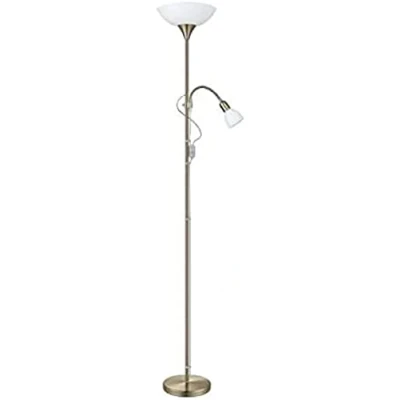 Immagine di EGLO Up 2, lampada a piantana 2 luci, da pavimento in metallo brunito, vetro e plastica, soggiorno, bianca, con interruttore, lettura, E27, E14