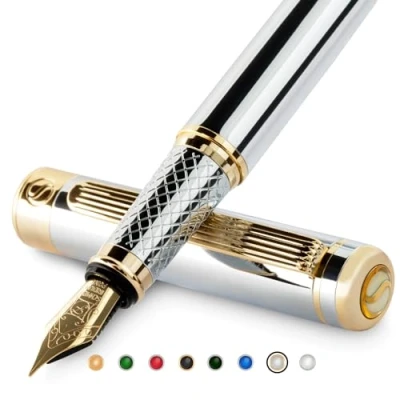 Immagine di Scriveiner Penna stilografica qualità premium mozzafiato con finitura in oro 24 carati, pennino dorato 18 carati (fine), argento cromato