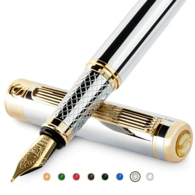 Immagine di Scriveiner Penna stilografica qualità premium mozzafiato con finitura in oro 24 carati, pennino dorato18 carati (largo), argento cromato