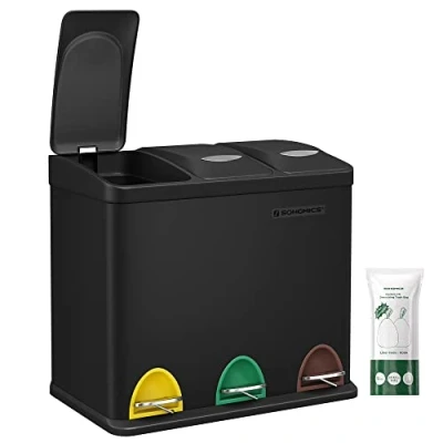 Immagine di SONGMICS Cestino per Rifiuti da Cucina, 3 x 8 L Pattumiera Differenziata con Coperchi Piccolo Volume, Triplo in Acciaio, Pedali e Secchi Interni, Facile Pulire, Nero LTB24BK