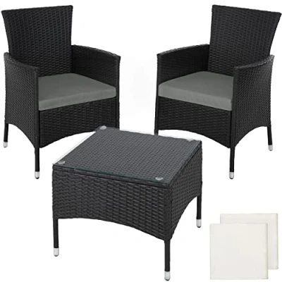 Immagine di TecTake® Set da Giardino in Rattan Lucerna, Robusto Telaio Acciaio, Sedie Esterno, Tavolino Salotto con Piano Vetro, Comodi Cuscini, Design Moderno Nero