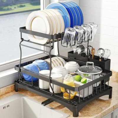 Immagine di SAYZH Scolapiatti, Scolapiatti Pieghevole a 2 Livelli In Acciaio Inox e Per Bancone Da Cucina, Grande Antiruggine Con Vassoio Estraibile Lavello, Porta Utensili, Nero