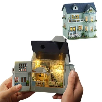 Immagine di ELPHNUTSEY Kit di mobili in legno fai da te per casa delle bambole,mini bambole fatta a mano con LED,scala 1:24,giocattoli creativi adulti,amici,amanti,regalo compleanno