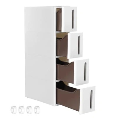 Immagine di SONGMICS Cassettiera Salvaspazio, Carrello Stretto con 4 Cassetti, Portaoggetti da Bagno, Organizzatore per Cucina, in PP Ruote Rimovibili, 45 x 17 83 cm, Bianco e Marrone KFR08WT
