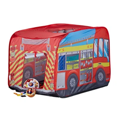 Immagine di Relaxdays 10022459 Tenda Gioco per Bambini Pompieri Pop up con Auto Interni e Esterni 70x110x70 cm, da 3 Anni Rosso