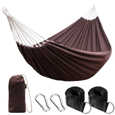 Immagine di Anyoo Amaca da Giardino in Cotone Tessuto Comodo con Cinghie Rispettose degli Alberi per Appendere, Durevole Portatile Borsa Viaggio Campeggio, Esterno/Interno, Balcone, Patio