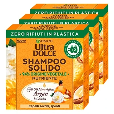 Immagine di 3x Garnier Ultra Dolce Shampoo Solido Nutriente Oli Meravigliosi Argan e Camelia con Ingredienti di Origine Naturale per Capelli Secchi Spenti 3 Solidi da 60g