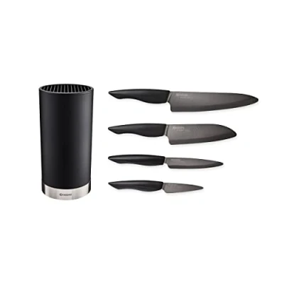 Immagine di Kyocera Ceramic Knife Set with SHIN Black paring Knife, Utility santoku and Round Block for 8 Knives, Blade Made of Zirconia Ceramic, KB RD BK 4KN ZK EU