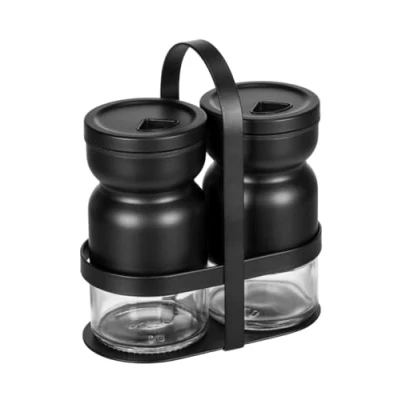 Immagine di WENKO 55081100 Mensola con spargispezie Melli, 3 pezzi, 2 spargitori e 1 spezie a grana fine grossa, barattolo in vetro, coperchio supporto metallo verniciato polvere, trasparente/nero
