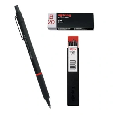 Immagine di rOtring Rapid Pro Matita meccanica HB da 2,0 mm, fusto in metallo nero opaco, set di mine Tikky, 12 pezzi, gomma B20