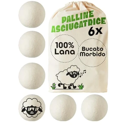 Immagine di Set di 6 Palline per Asciugatrice 100% Lana Biologica della Nuova Zelanda in un Bucato Morbido e Tempi Asciugatura Ridotti Perfette la Piuma D&#039;oca