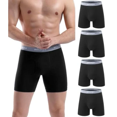 Immagine di wirarpa Boxer Uomo Cotone Elasticizzato Mutande Intimo Maschile Senza Etichetta con Mosca Aperta Pacco da 4 Multicolore Nero Grigio Bianco Blu Scuro Dimensione XL