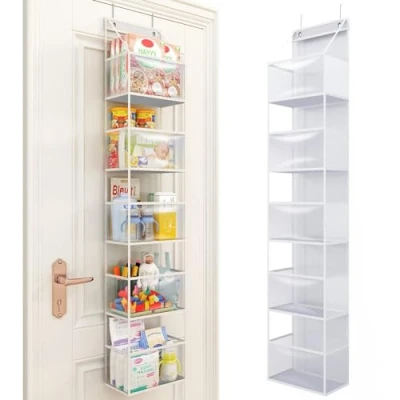 Immagine di BAKAJI Organizer 5 Ripiani da Porta con Ganci in Metallo e Scaffali PVC Trasparenti, Unità Mensole Salvaspazio Multiuso Capiente, Scaffalatura Bagno, Camera Letto, Ufficio, Cameretta (Bianco)