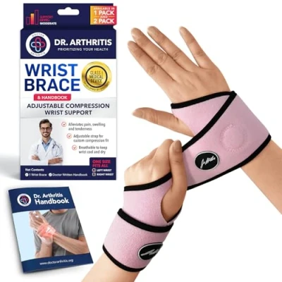 Immagine di Dr. Arthritis Von Ärzten entwickelte, bequeme, leichte Handgelenkstütze, perfekte Passform für rechte und linke Hand, Männer Frauen (Rosa, 2er Pack)