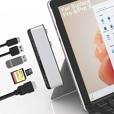 Immagine di Surface Pro 9 Hub Docking Station con HDMI 4K, USB C Thunerbolt 4 (video+dati+carica 100W), 2x USB3.0, SD+TF, triplo display (Surface Pro9+HDMI+USB C) per Microsoft 9/Pro X