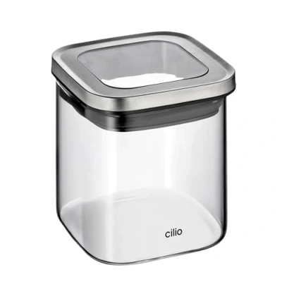 Immagine di Cilio Barattolo CUBO, coperchio sigillante, contenitore per farina, zucchero e alimenti secchi, scatola ermetica, vetro borosilicato in acciaio inox, altezza: 10 cm, capacità: 650 ml
