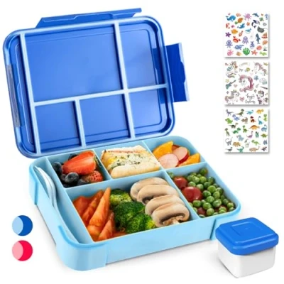 Immagine di PUWOWYE Lunch Box, Porta Pranzo con Posate, 1330ml Bambino Adulto Bento Box 5 Scomparti, Schiscetta Contenitore per Microonde Lavoro Picnic Ufficio, senza BPA(Blu)
