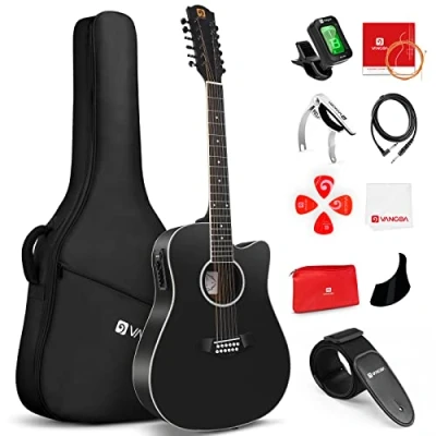 Immagine di Vangoa Chitarra a 12 Corde Elettroacustico Dodici Spalla Mancante con Equalizzatore 4 Bande, Nero