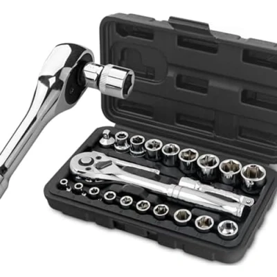 Immagine di Hi Spec Set di bussole metriche da 22 pezzi con attacco 1/4&quot; e 3/8&quot; chiave a cricchetto, barre estensione in valigetta portautensili compatta.
