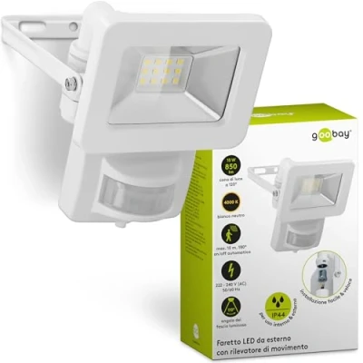 Immagine di goobay 53878 proiettore LED rilevatore di movimento da esterno 10W / sensore PIR IP44 luce bianca neutra 850 lm/proiettore a parete/proiettore giardino/bianco