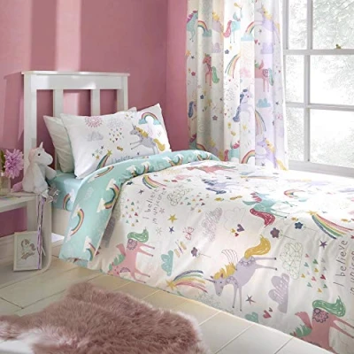 Immagine di Bedlam Set copripiumino, motivo unicorni e arcobaleni, multicolore, per letto matrimoniale