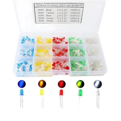 Immagine di CESFONJER Diodo ad emissione luminosa LED 500pz x 3mm, Diffusore rotondo 2pin Bianco/Rosso/Giallo/Verde/Blu Kit (5 colori 100pz)
