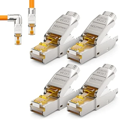 Immagine di deleyCON 4x CAT 6a Connettore di Rete a 90 Angolo RJ45 Senza Attrezzi con Schermatura 10 Gbit/s Spina per la Posa Rigidi Cavi Grezzi Ethernet LAN Cavo Patch DSL