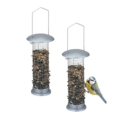 Immagine di Relaxdays Set da 2 Mangiatoie per Uccelli Appendere, Distributore Cibo, Noccioline e Vermi, HxD: 33x10 cm, Argentato