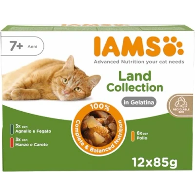 Immagine di IAMS cibo umido per gatti Land Collection Senior Confezione multipla con varietà di carne (pollo, agnello e manzo) in gelatina, anziani dai 7 anni, 12 x 85 g