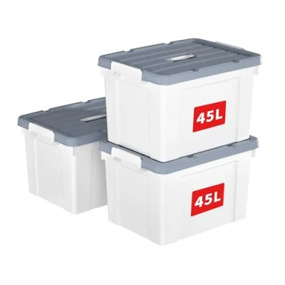 Immagine di Cetomo Scatola portaoggetti in plastica, 45L*3, contenitore per organizzare con coperchio durevole e fibbie di chiusura sicure, impilabile annidabile, confezione da 3, bianco