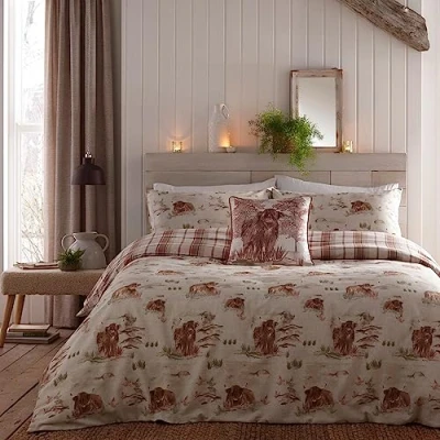 Immagine di Dreams &amp; Drapes Lodge Hanson Highland Cow Set copripiumino in cotone spazzolato, per letto king size, colore: terracotta